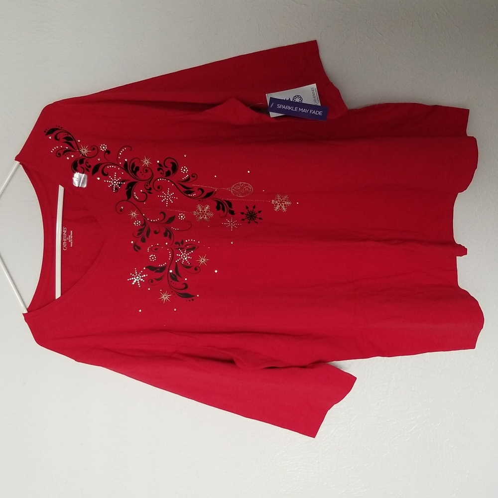 Three quarter length sleeve Red cotton Christmas shirt.  Catherine's 2x